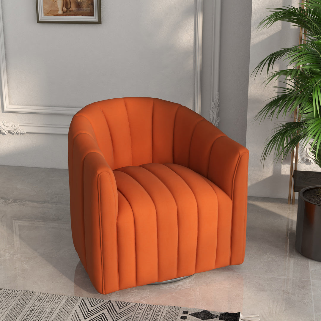 SEYNAR Modern Velvet Curved Swivel Accent Barrel Chair with Metal Base Image 4