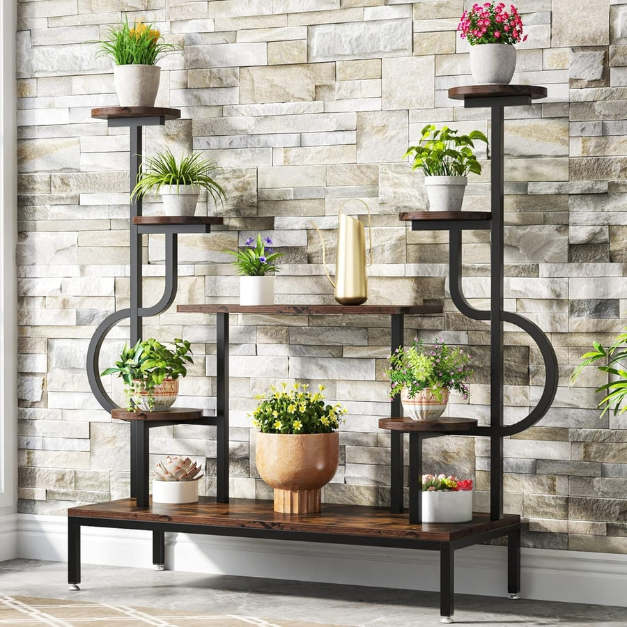 Tribesigns 8-Tier Metal Plant Stand, Large Tall Plant Shelf for Multiple Plants, Round and Square Board, Wood Indoor Image 1