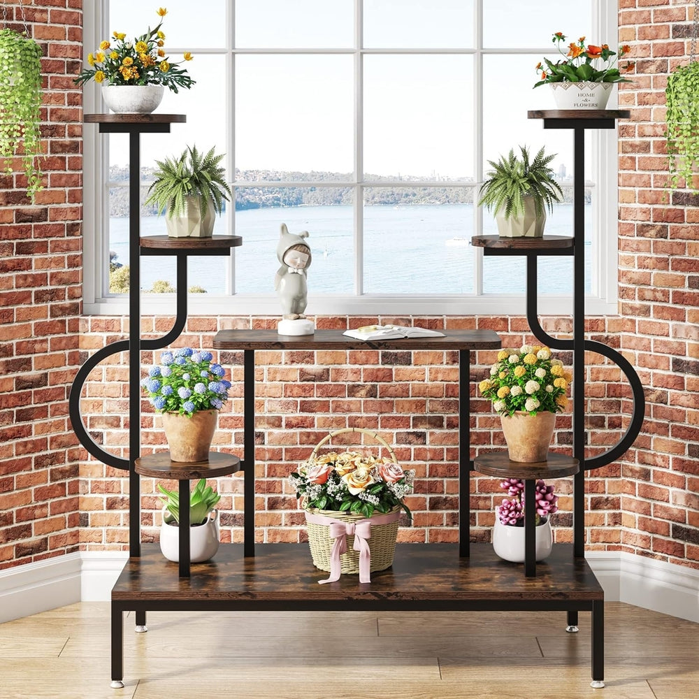 Tribesigns 8-Tier Metal Plant Stand, Large Tall Plant Shelf for Multiple Plants, Round and Square Board, Wood Indoor Image 2