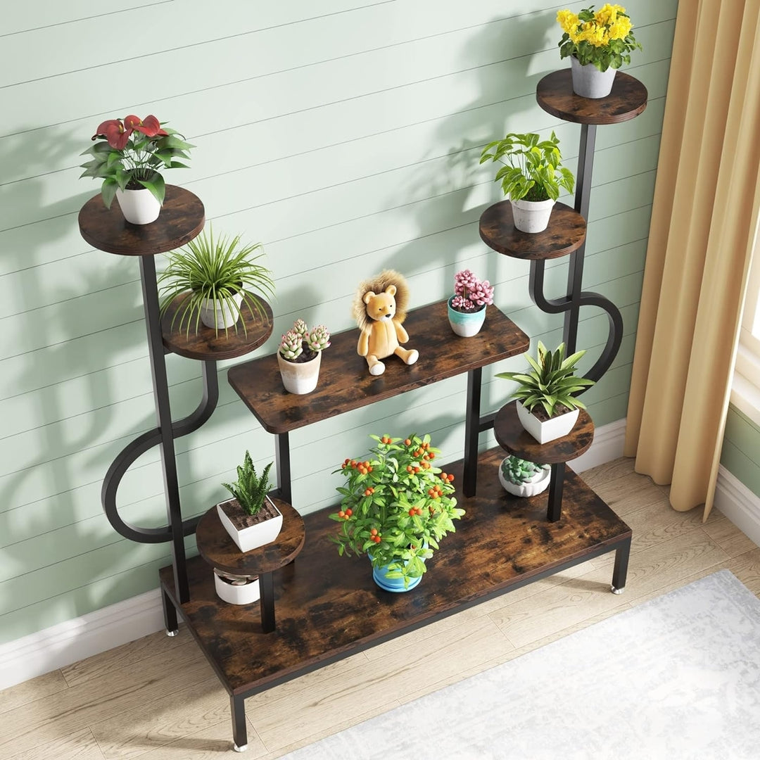 Tribesigns 8-Tier Metal Plant Stand, Large Tall Plant Shelf for Multiple Plants, Round and Square Board, Wood Indoor Image 3
