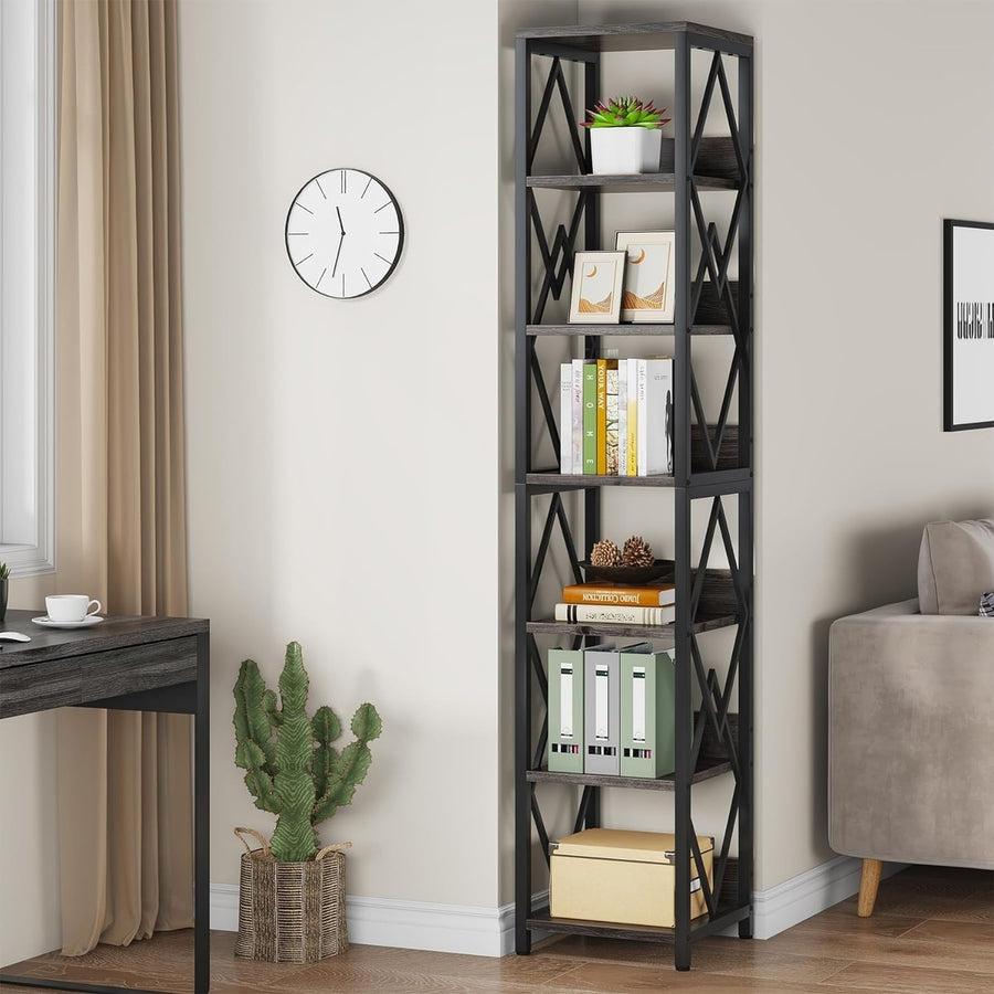 Tribesigns 6-Tier Bookshelf Storage Shelves, 75" Tall Narrow Bookcase with Heavy Duty Metal Frame, Skinny Open Storage Image 1
