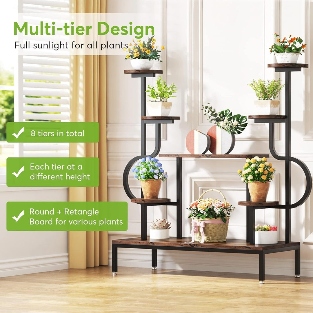 Tribesigns 8-Tier Metal Plant Stand, Large Tall Plant Shelf for Multiple Plants, Round and Square Board, Wood Indoor Image 4