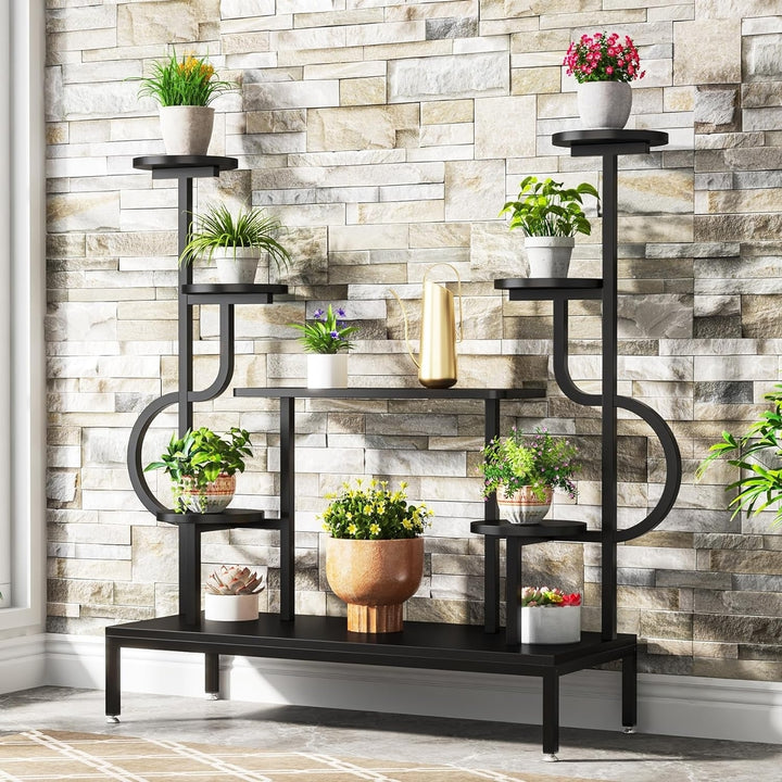 Tribesigns 8-Tier Metal Plant Stand, Large Tall Plant Shelf for Multiple Plants, Round and Square Board, Wood Indoor Image 7