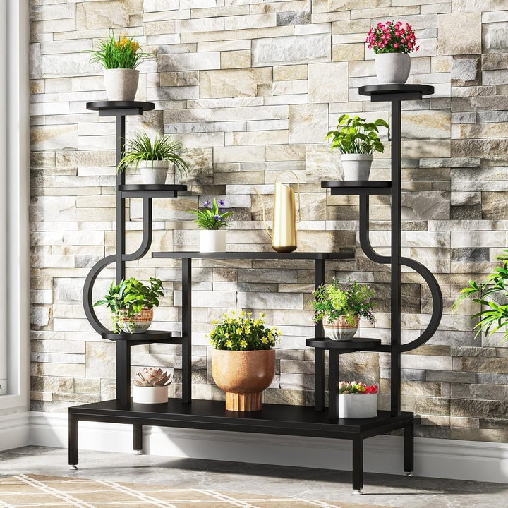 Tribesigns 8-Tier Metal Plant Stand, Large Tall Plant Shelf for Multiple Plants, Round and Square Board, Wood Indoor Image 1