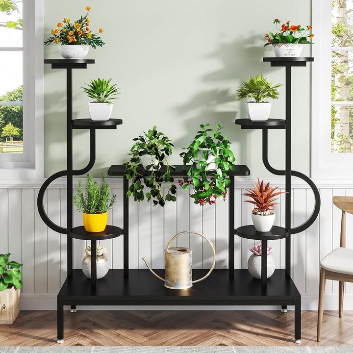 Tribesigns 8-Tier Metal Plant Stand, Large Tall Plant Shelf for Multiple Plants, Round and Square Board, Wood Indoor Image 8