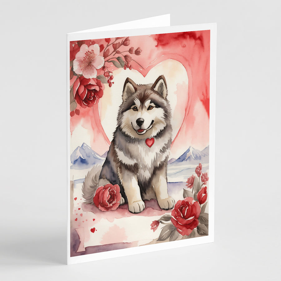 Alaskan Malamute Valentine Roses Greeting Cards Pack of 8 Image 1