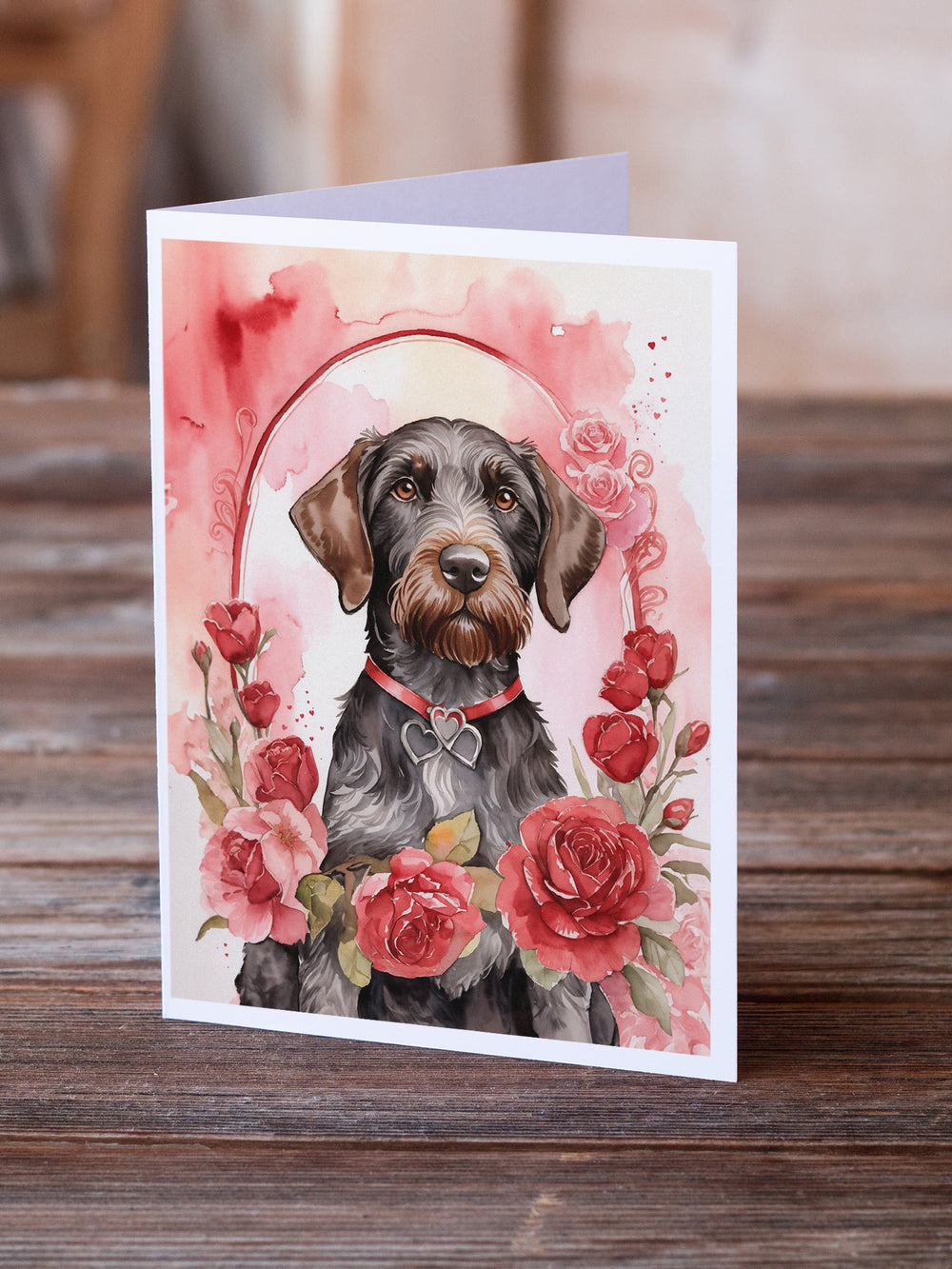 German Wirehaired Pointer Valentine Roses Greeting Cards Pack of 8 Image 2