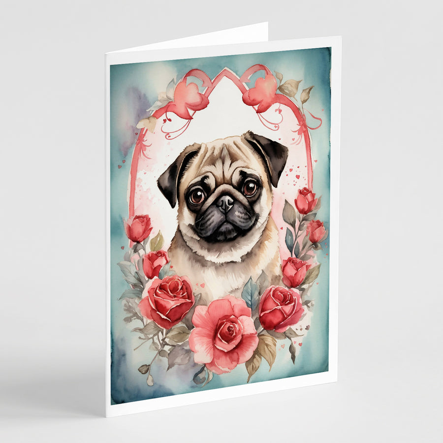 Pug Valentine Roses Greeting Cards Pack of 8 Image 1