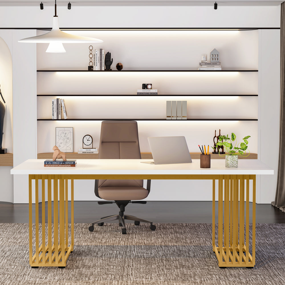 Tribesigns 70.86" Modern Office Desk, Wooden Computer Desk, White Executive Desk with Gold Metal Legs, Large Workstation Image 2