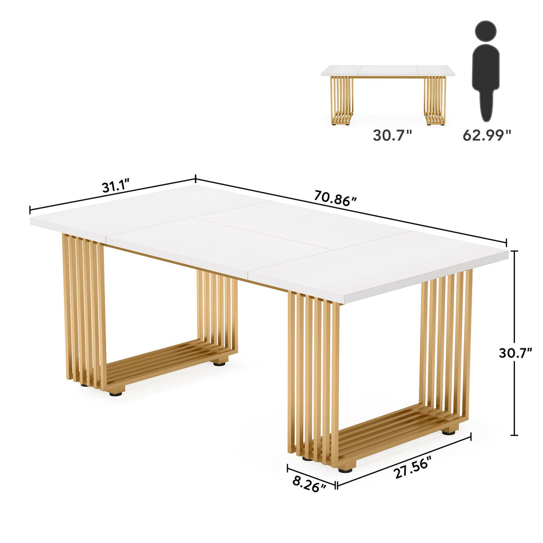 Tribesigns 70.86" Modern Office Desk, Wooden Computer Desk, White Executive Desk with Gold Metal Legs, Large Workstation Image 4