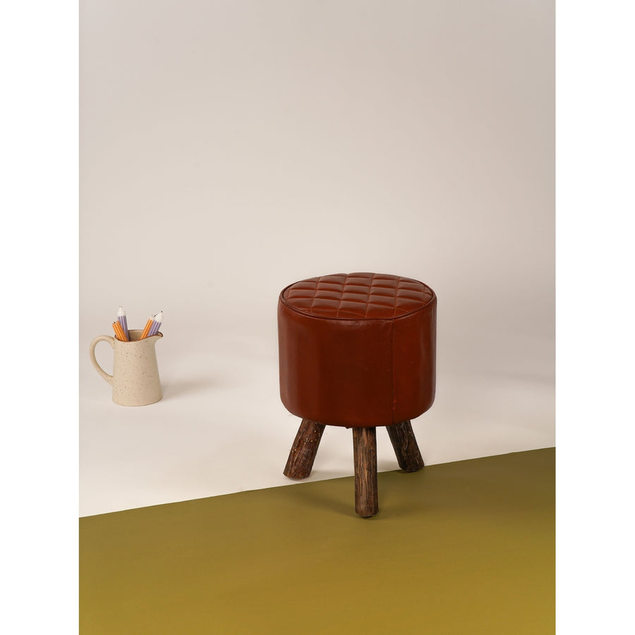 Handmade Eco-Friendly Geometric Buffalo Leather and Wood Round Ottomon Stool 18"X14"x14" From BBH Homes Image 1