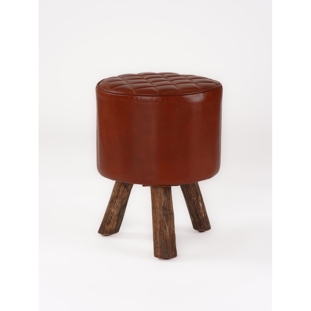 Handmade Eco-Friendly Geometric Buffalo Leather and Wood Round Ottomon Stool 18"X14"x14" From BBH Homes Image 2