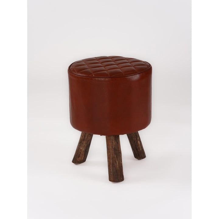 Handmade Eco-Friendly Geometric Buffalo Leather and Wood Round Ottomon Stool 18"X14"x14" From BBH Homes Image 3
