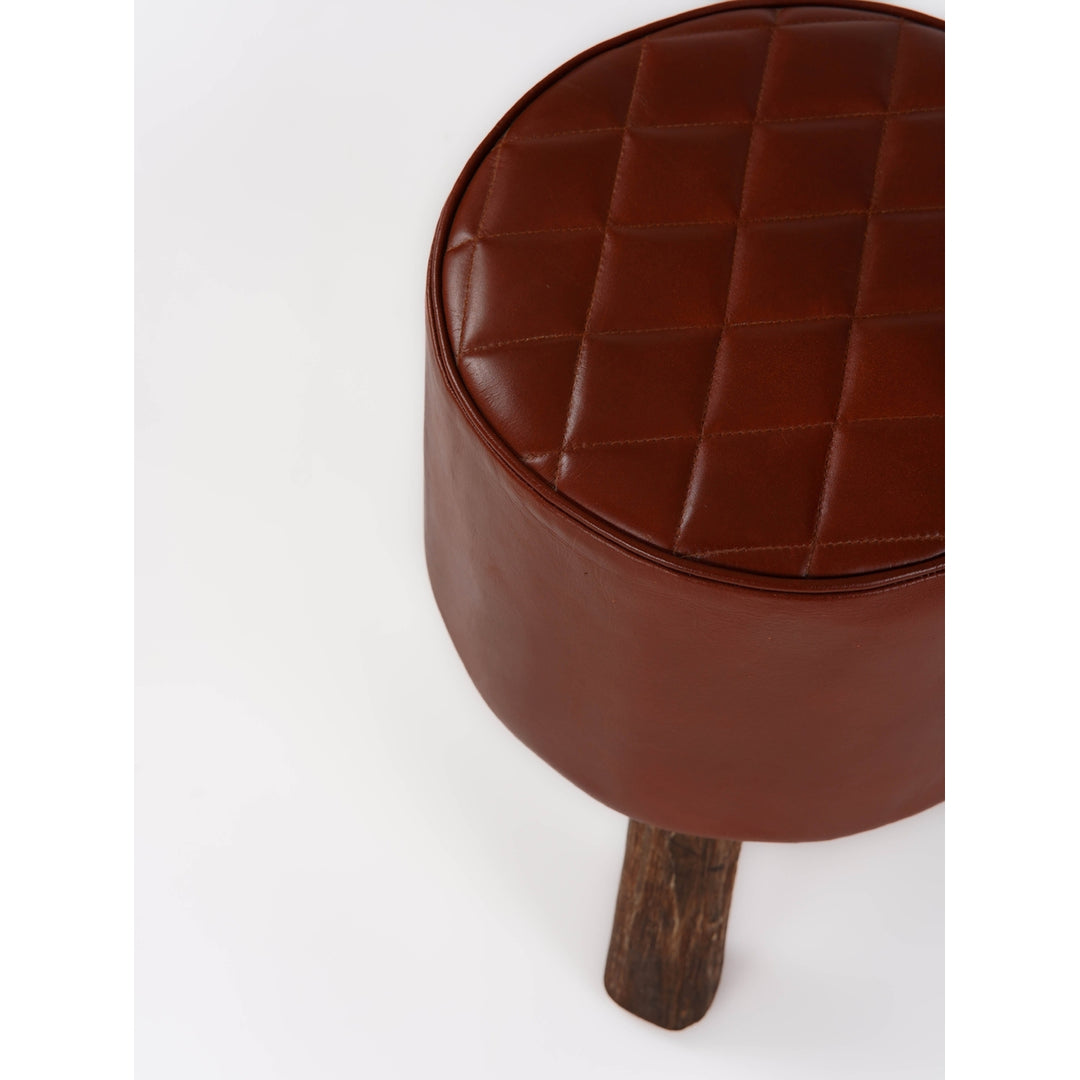 Handmade Eco-Friendly Geometric Buffalo Leather and Wood Round Ottomon Stool 18"X14"x14" From BBH Homes Image 4