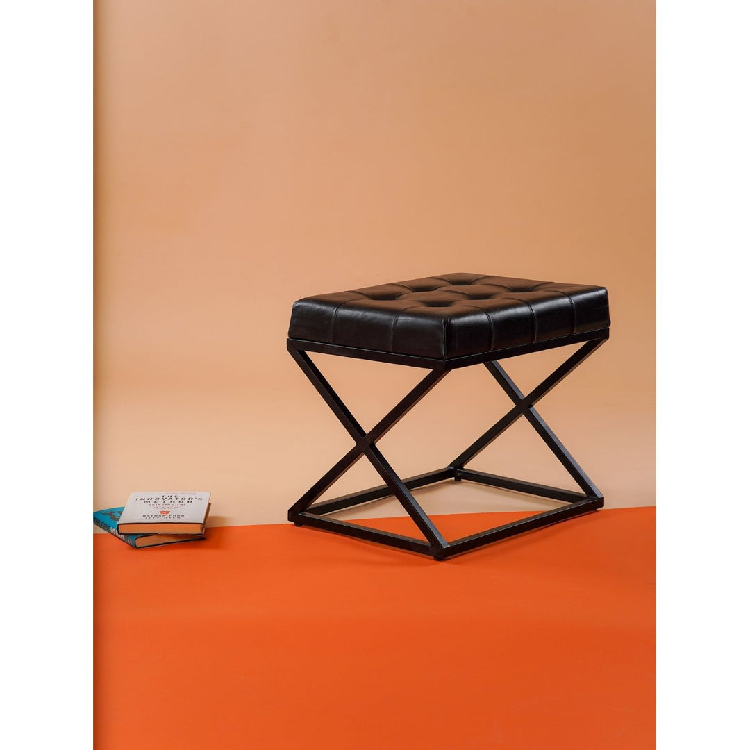 Handmade Eco-Friendly Geometric Buffalo Leather & Iron Round Ottomon Stool 21"x18"x16" From BBH Homes Image 1