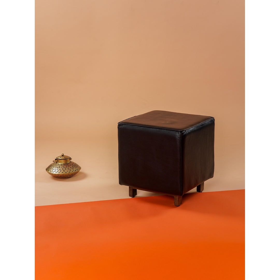Handmade Eco-Friendly Geometric Buffalo Leather & Wood Square Ottomon 18"X17"X17" From BBH Homes Image 1