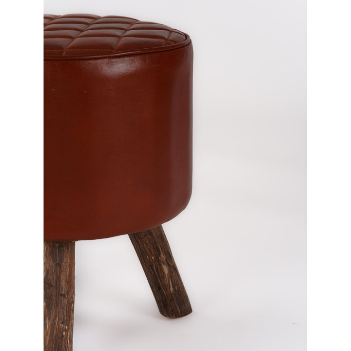 Handmade Eco-Friendly Geometric Buffalo Leather and Wood Round Ottomon Stool 18"X14"x14" From BBH Homes Image 6