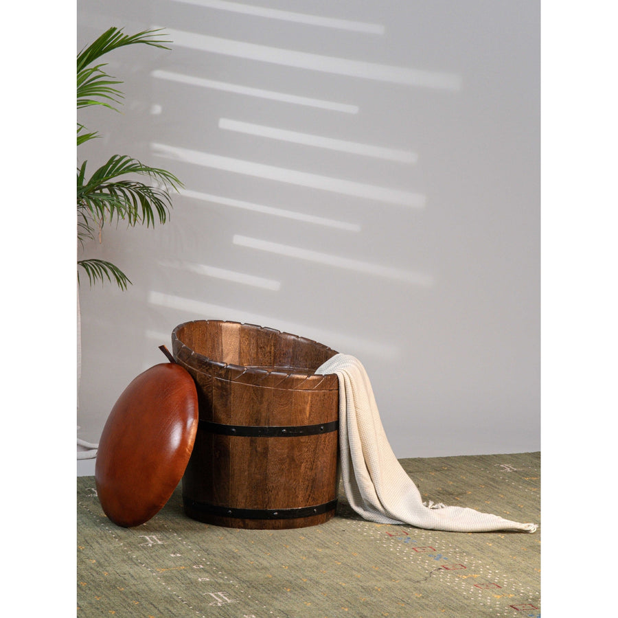Handmade Eco-Friendly Geometric Buffalo Leather and Wood Round Ottomon 18"x18"x18" From BBH Homes Image 1