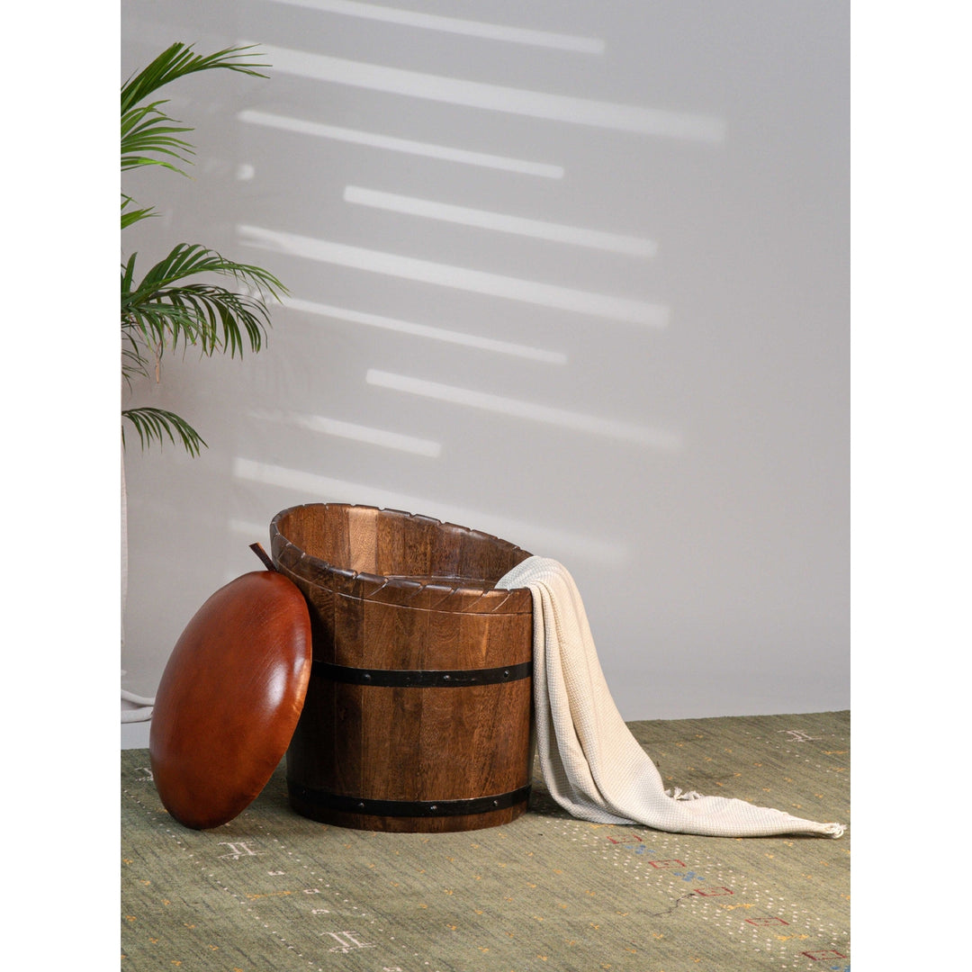 Handmade Eco-Friendly Geometric Buffalo Leather and Wood Round Ottomon 18"x18"x18" From BBH Homes Image 1