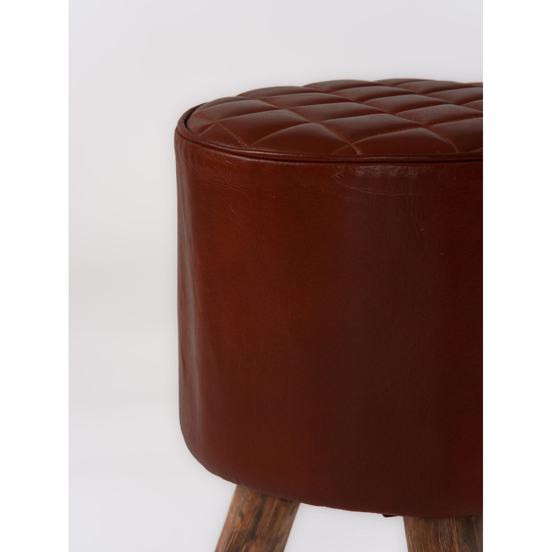 Handmade Eco-Friendly Geometric Buffalo Leather and Wood Round Ottomon Stool 18"X14"x14" From BBH Homes Image 7