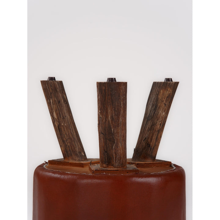 Handmade Eco-Friendly Geometric Buffalo Leather and Wood Round Ottomon Stool 18"X14"x14" From BBH Homes Image 9