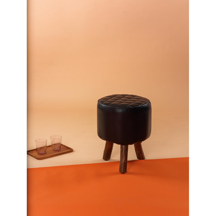 Handmade Eco-Friendly Geometric Buffalo Leather and Wood Round Ottomon Stool 18"X14"x14" From BBH Homes Image 1