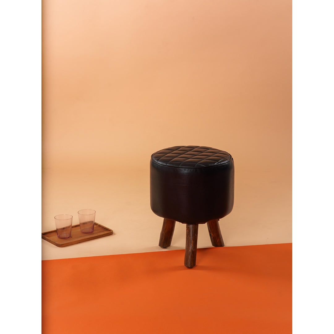 Handmade Eco-Friendly Geometric Buffalo Leather and Wood Round Ottomon Stool 18"X14"x14" From BBH Homes Image 10