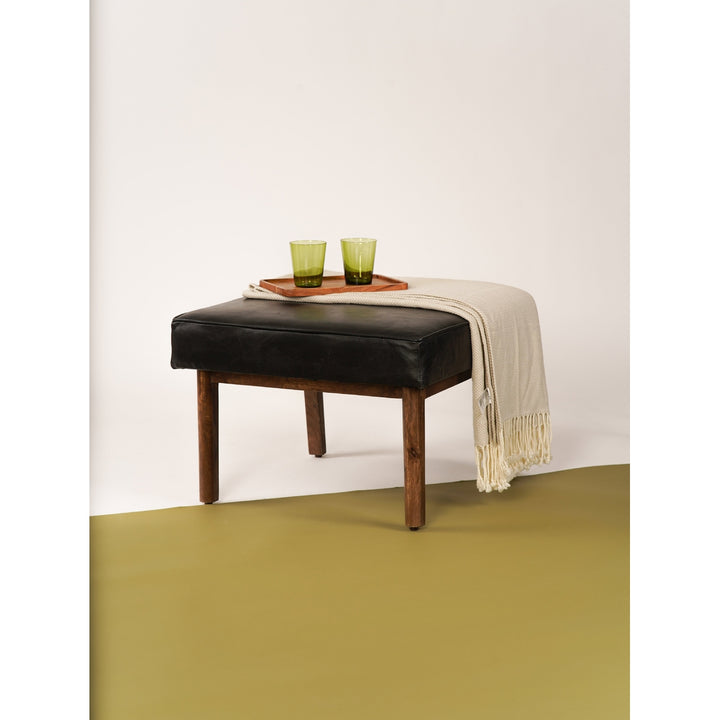Handmade Eco-Friendly Geometric Buffalo Leather and Wood Square Ottomon Stool 24"x24"x16" From BBH Homes Image 1