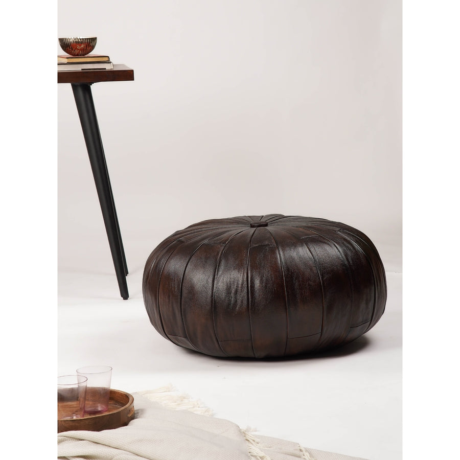 Handmade Eco-Friendly Solid Leather Round Pouf 24"x24"x18" From BBH Homes Image 1