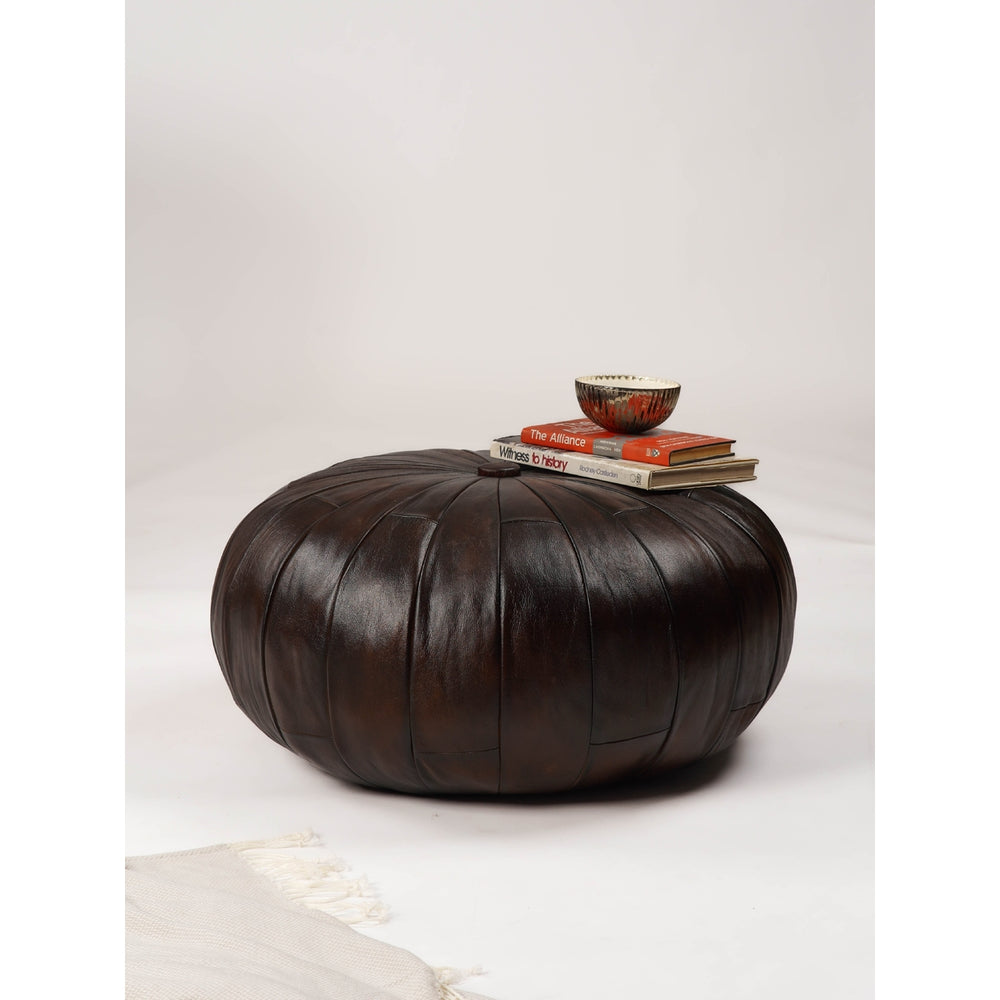 Handmade Eco-Friendly Solid Leather Round Pouf 24"x24"x18" From BBH Homes Image 2