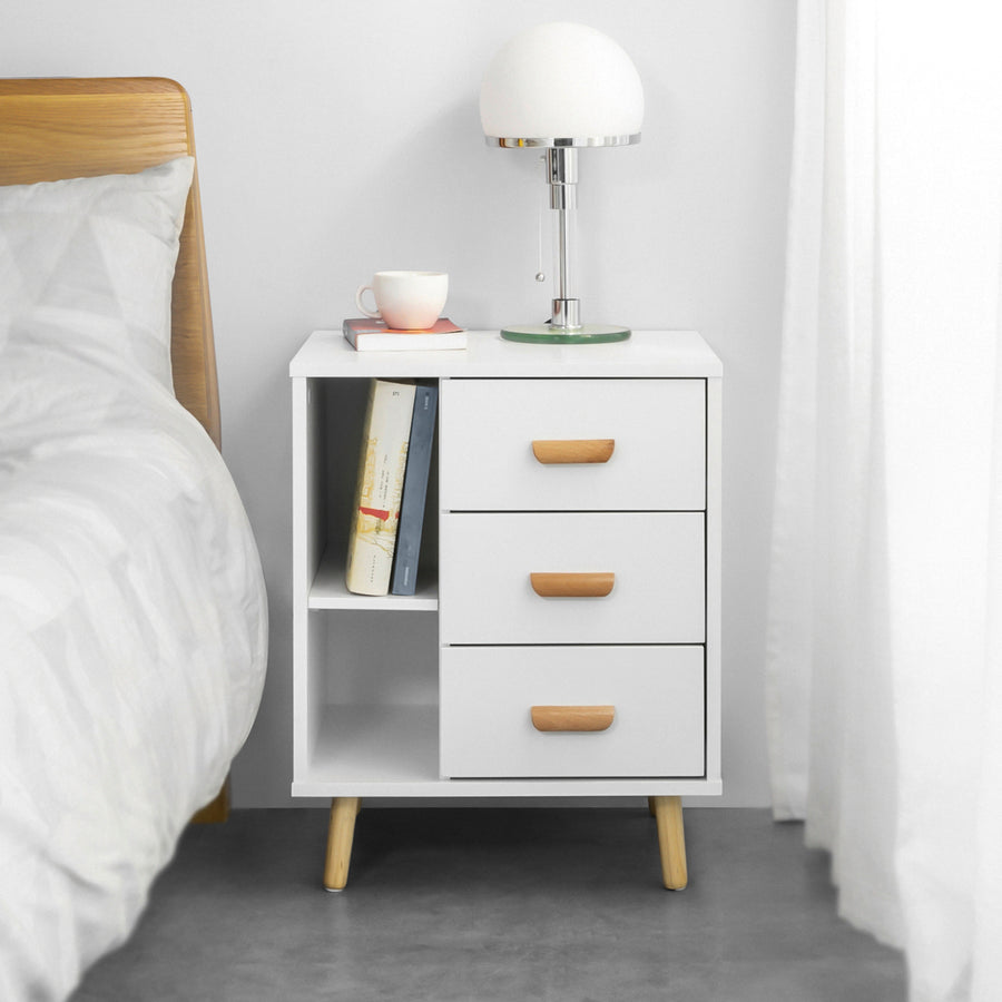 Haotian FBT95-W, Bedside Table with 3 Drawers and 2 Open Compartments Sofa Table Bedside Cabinet Image 1