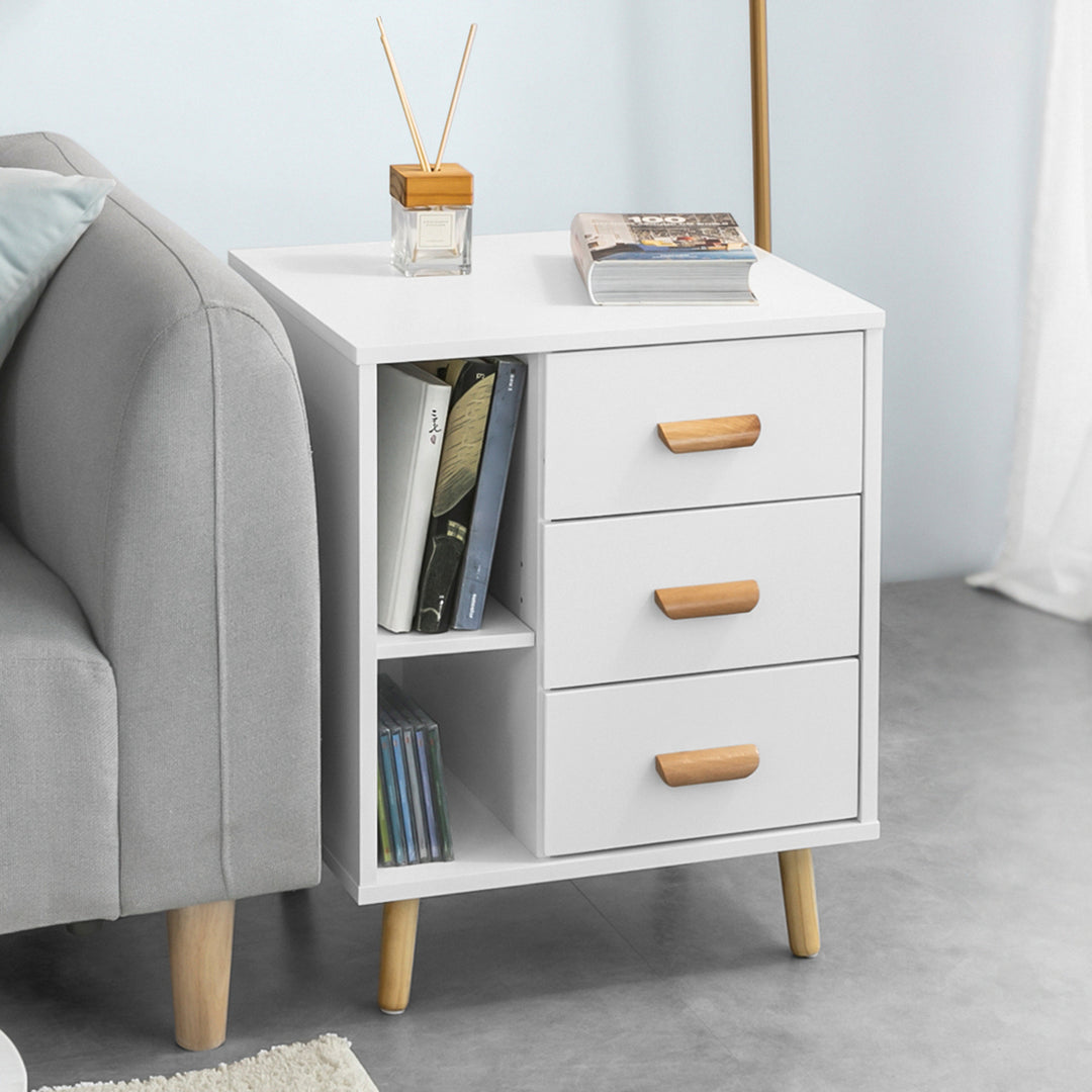Haotian FBT95-W, Bedside Table with 3 Drawers and 2 Open Compartments Sofa Table Bedside Cabinet Image 7