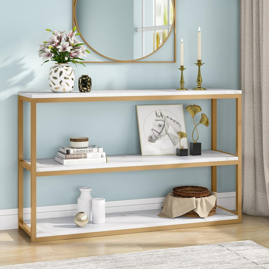 Tribesigns 3-Tier Console Table, Gold Sofa Entry Table with Faux Marble Top and Metal Frame Image 1