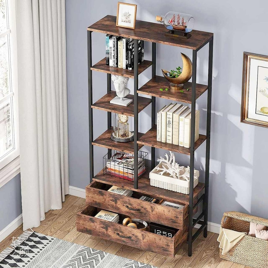 Tribesigns Freestanding Bookshelf, Tall Bookcase with Drawers, Industrial Open Bookshelves with Storage Space Image 1
