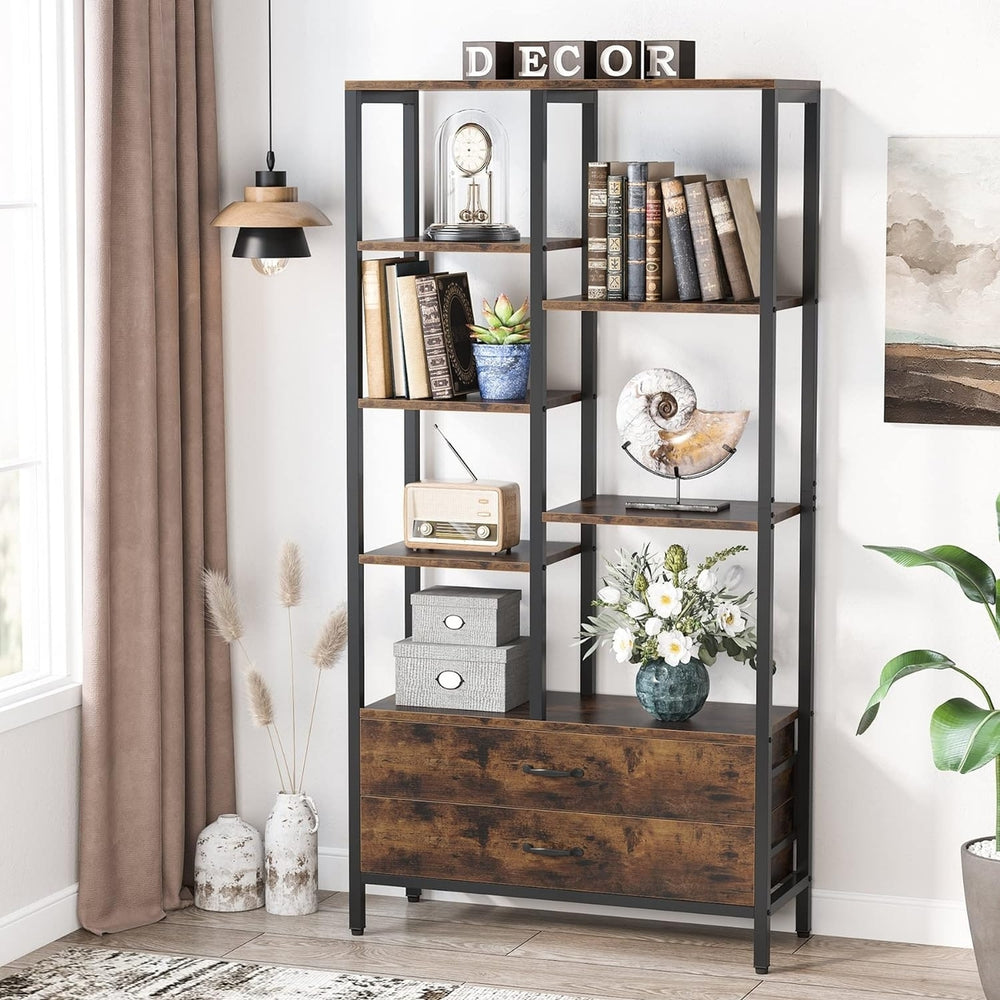 Tribesigns Freestanding Bookshelf, Tall Bookcase with Drawers, Industrial Open Bookshelves with Storage Space Image 2