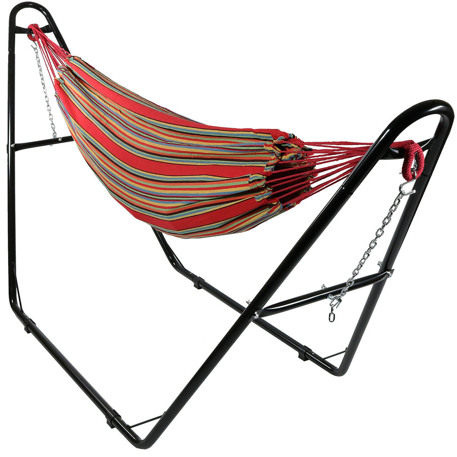 Sunnydaze 2-Person Cotton Hammock with Universal Steel Stand - Sunset Image 1
