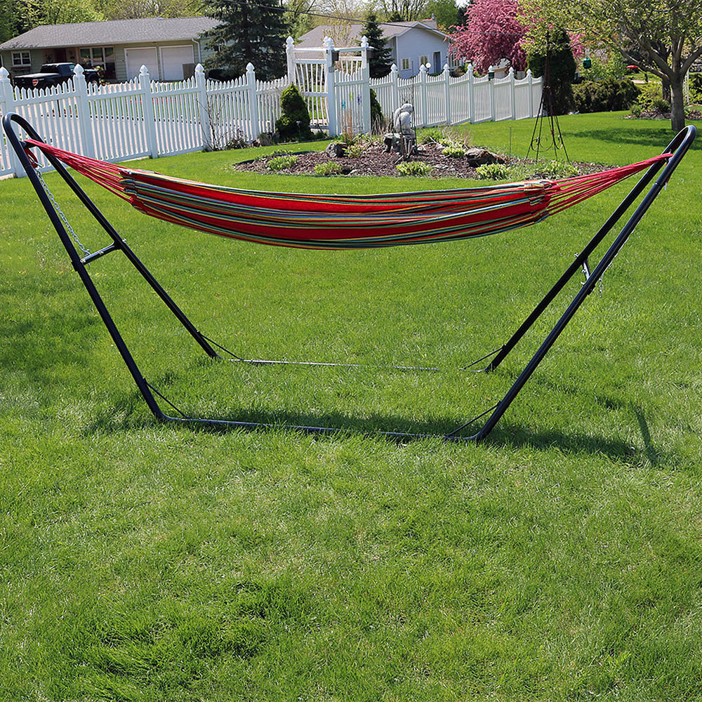 Sunnydaze 2-Person Cotton Hammock with Universal Steel Stand - Sunset Image 2