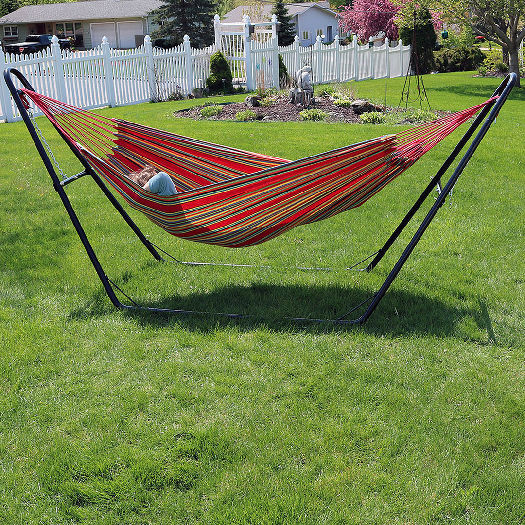 Sunnydaze 2-Person Cotton Hammock with Universal Steel Stand - Sunset Image 8