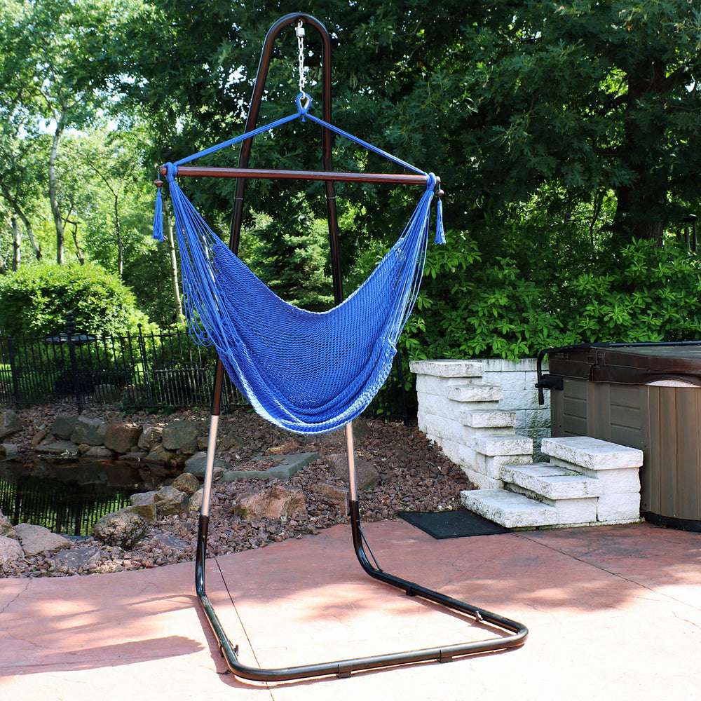 Sunnydaze Extra Large Hammock Chair with Adjustable Steel Stand - Blue Image 2