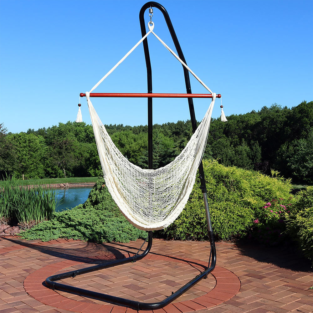 Sunnydaze Extra Large Rope Hammock Chair with Adjustable Stand - Cream Image 2