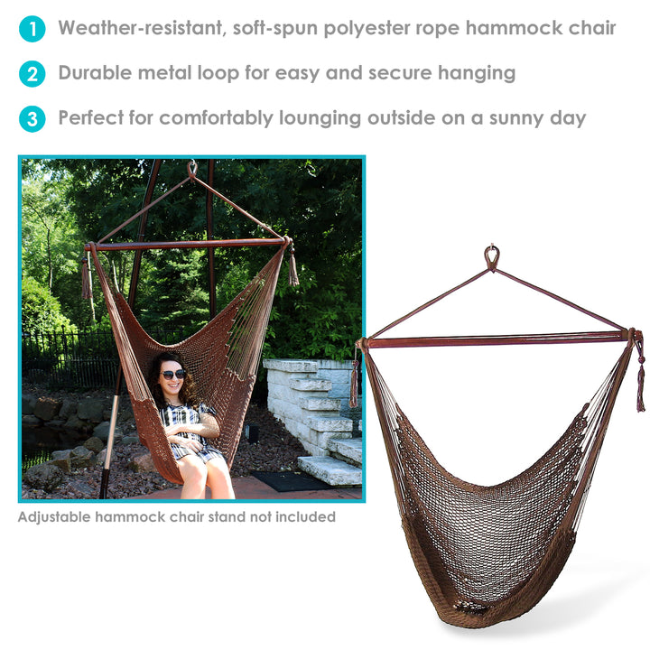Sunnydaze Extra Large Polyester Rope Hammock Chair and Spreader Bar - Mocha Image 3