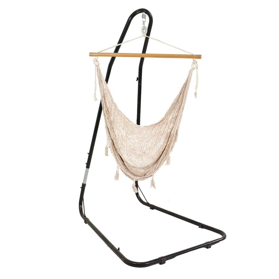 Sunnydaze Cotton/Nylon Rope Hammock Chair with Adjustable Stand - Natural Image 1