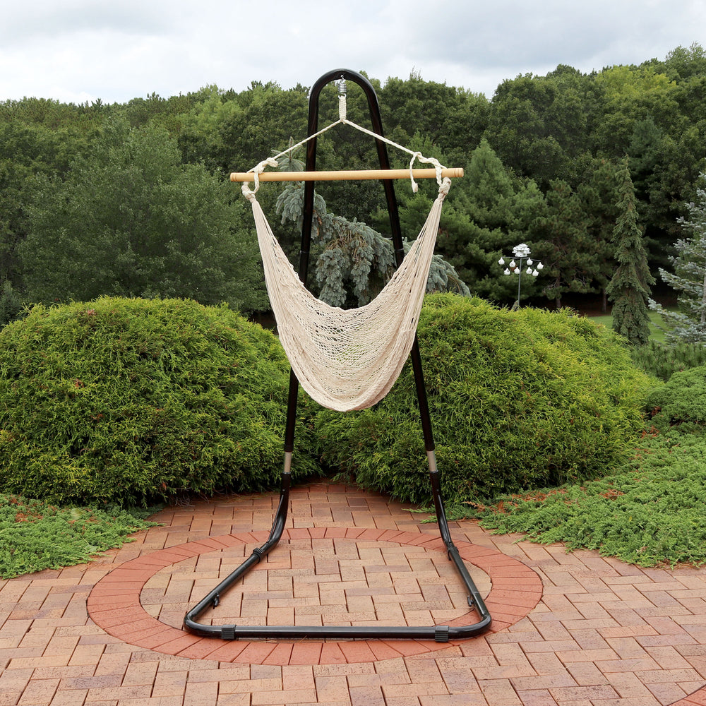 Sunnydaze Cotton/Nylon Rope Hammock Chair with Adjustable Stand - Natural Image 2