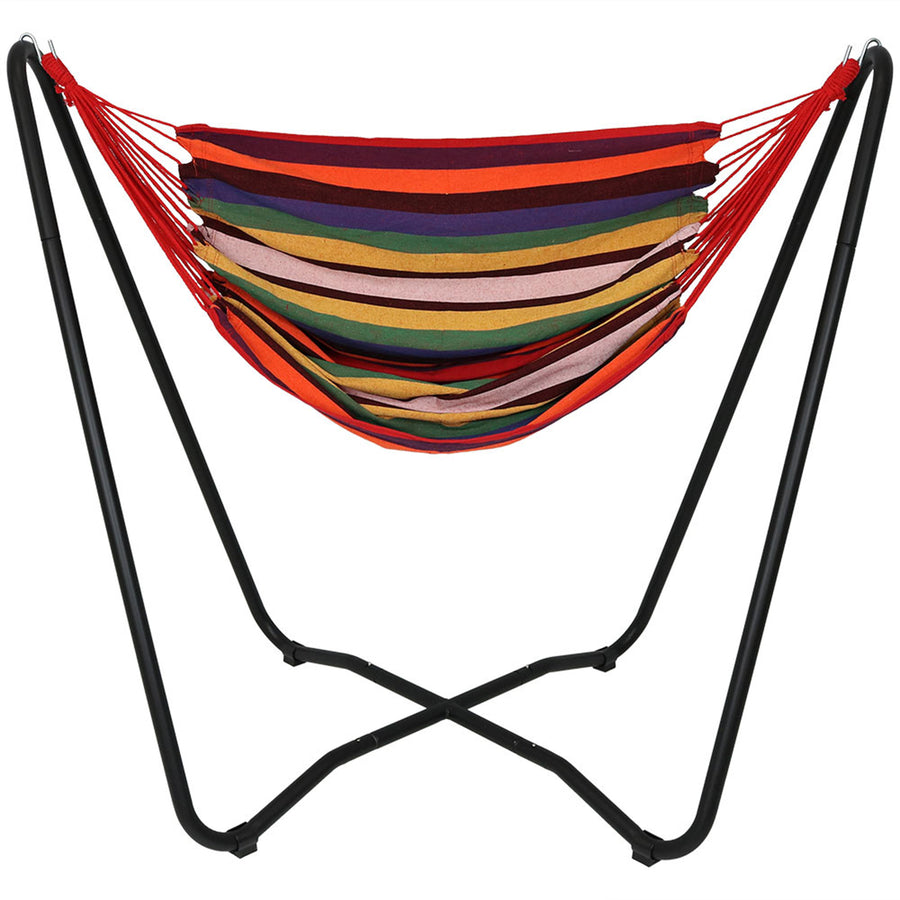 Sunnydaze Cotton Hammock Chair with Space Saving Steel Stand - Sunset Image 1