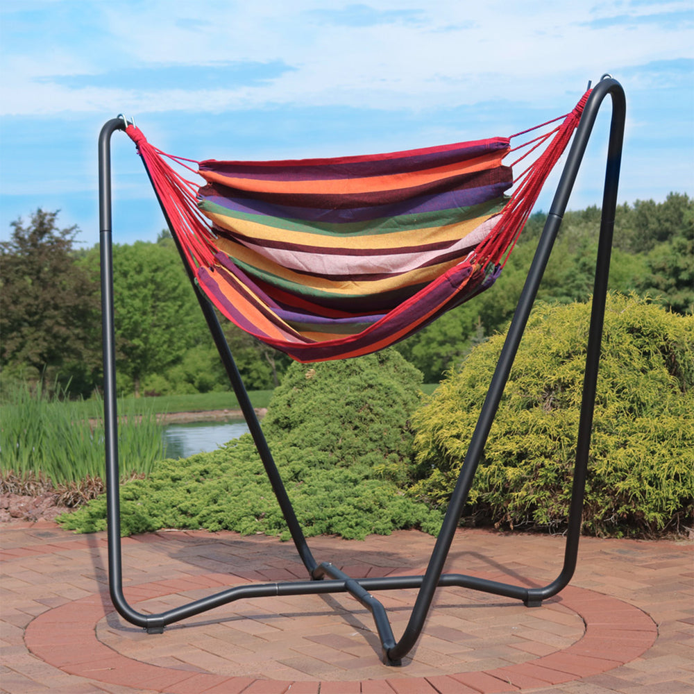 Sunnydaze Cotton Hammock Chair with Space Saving Steel Stand - Sunset Image 2