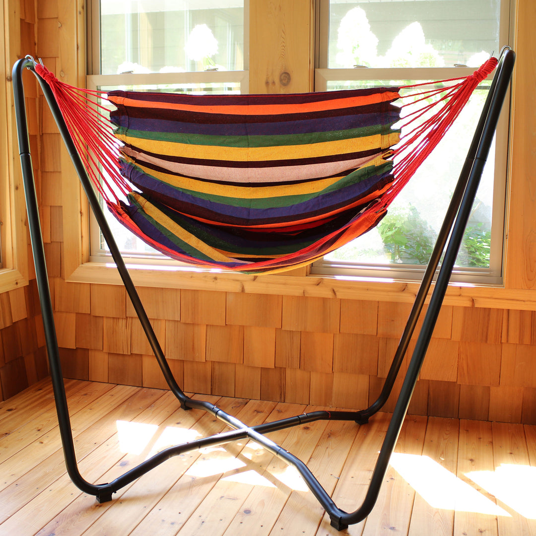 Sunnydaze Cotton Hammock Chair with Space Saving Steel Stand - Sunset Image 6