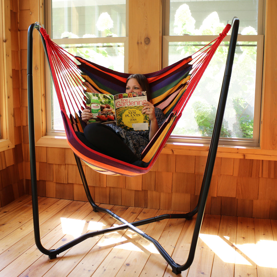 Sunnydaze Cotton Hammock Chair with Space Saving Steel Stand - Sunset Image 7
