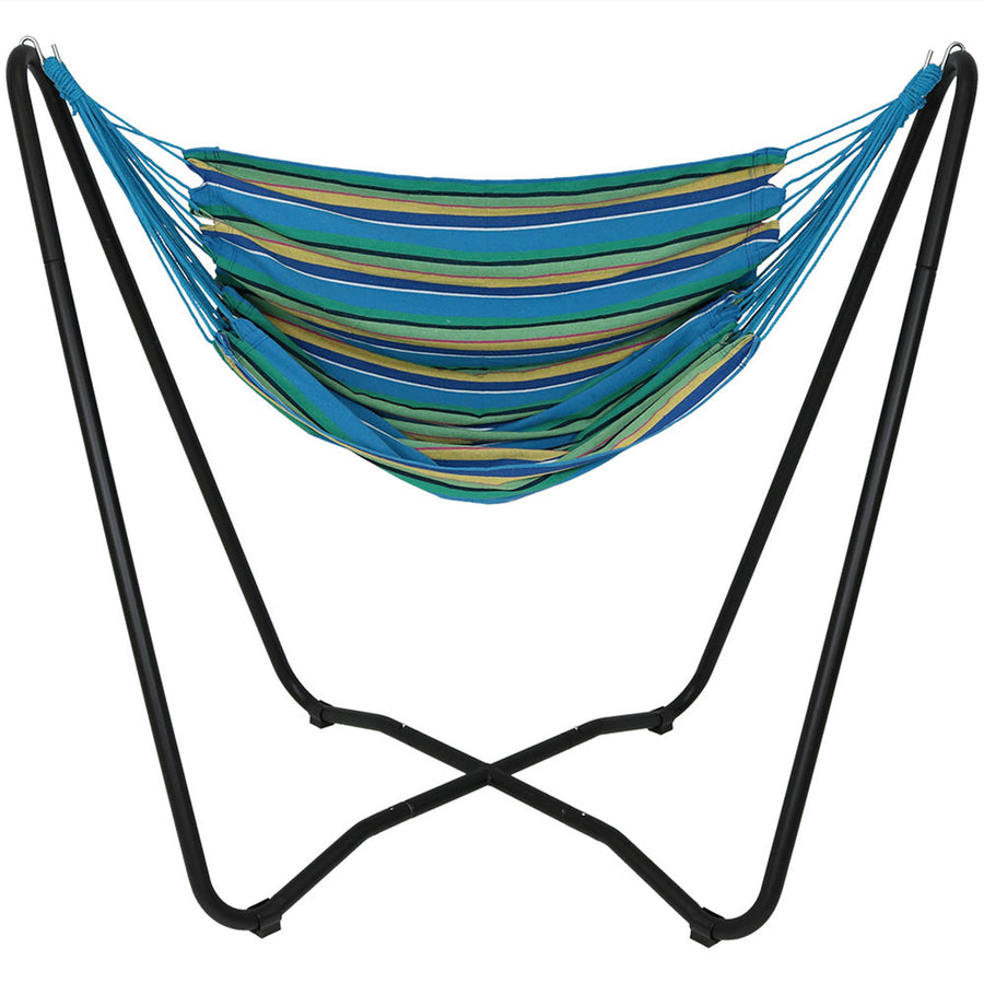 Sunnydaze Cotton Hammock Chair with Space Saving Steel Stand - Ocean Breeze Image 1