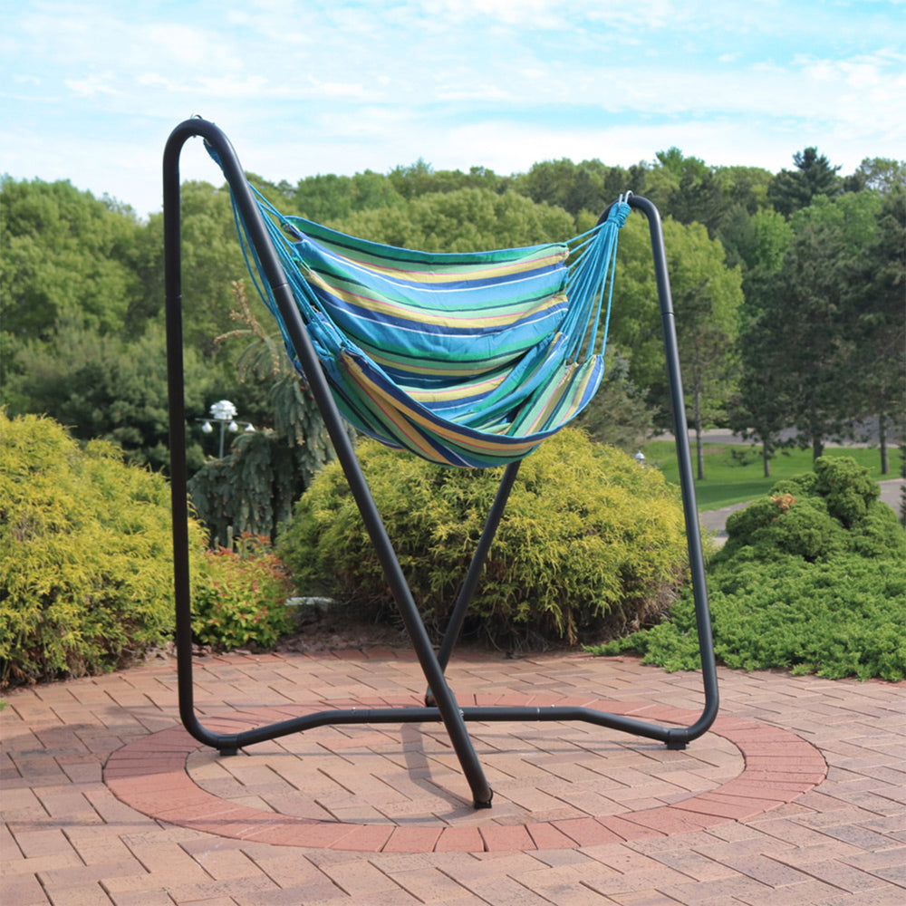 Sunnydaze Cotton Hammock Chair with Space Saving Steel Stand - Ocean Breeze Image 2