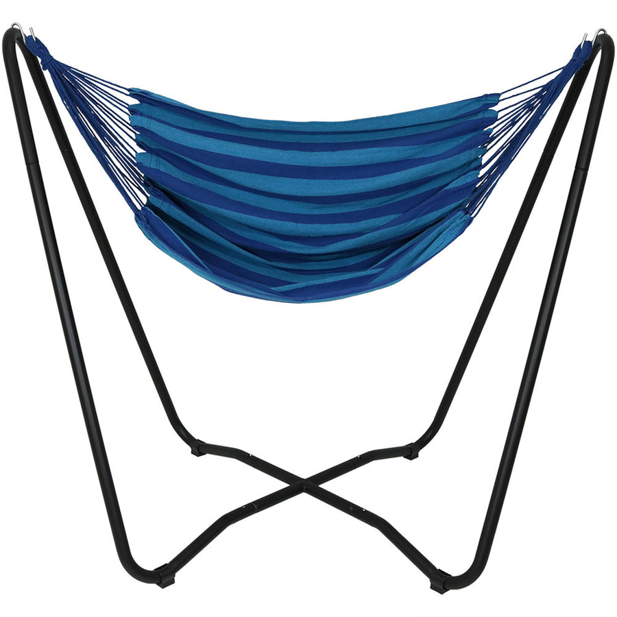 Sunnydaze Cotton Hammock Chair with Space Saving Steel Stand - Beach Oasis Image 1